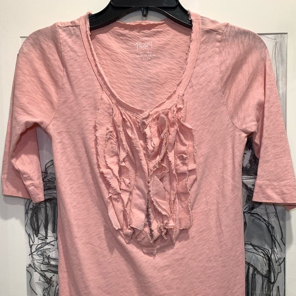 J. Crew Painter Tee pink ruffle top 100% vintage cotton 3/4 sleeve shirt